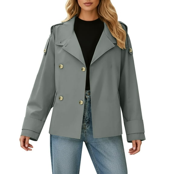 Fiaer Work Jackets for Women Double Breasted Plus Size Shirts Long Sleeve V Neck Lapel Collared Trendy Solid Tops with Pocket Grey M