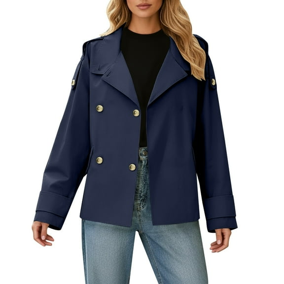 Fiaer Work Jackets for Women Double Breasted Plus Size Shirts Long Sleeve V Neck Lapel Collared Trendy Solid Tops with Pocket Navy XL