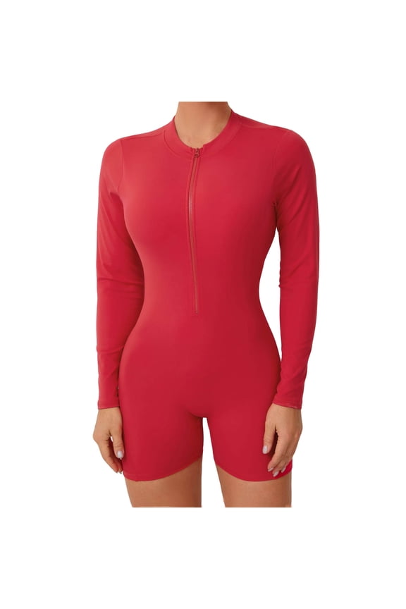 Workout Jumpsuits Backless Long Sleeve Workout Sets Zip up Romper Bodysuit One Piece for Women Red S