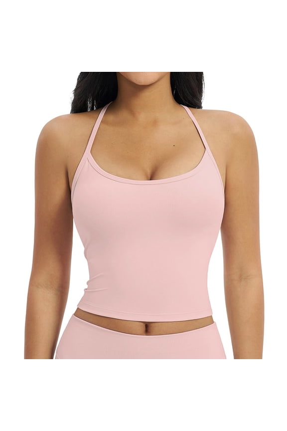 Y Back Crop Tank Tops for Women Spaghetti Straps Racerback Padded Yoga Workout Longline Sports Bras Pink XL