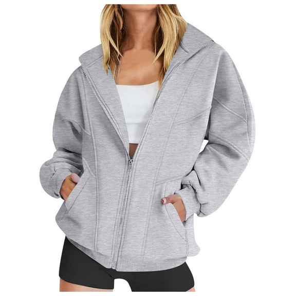 Fiaer,Zip up Jackets for Women,Womens Long Sleeve Loose Fit Plus Size Casual Trendy V Neck Lapel Collared Solid Spliced Sweatshirts with 2 Pockets Grey1 S