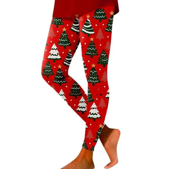 Fiaer black leggings woemn christmas tree plus size yoga pants slim fit trendy soft high waisted workout trousers Red XL