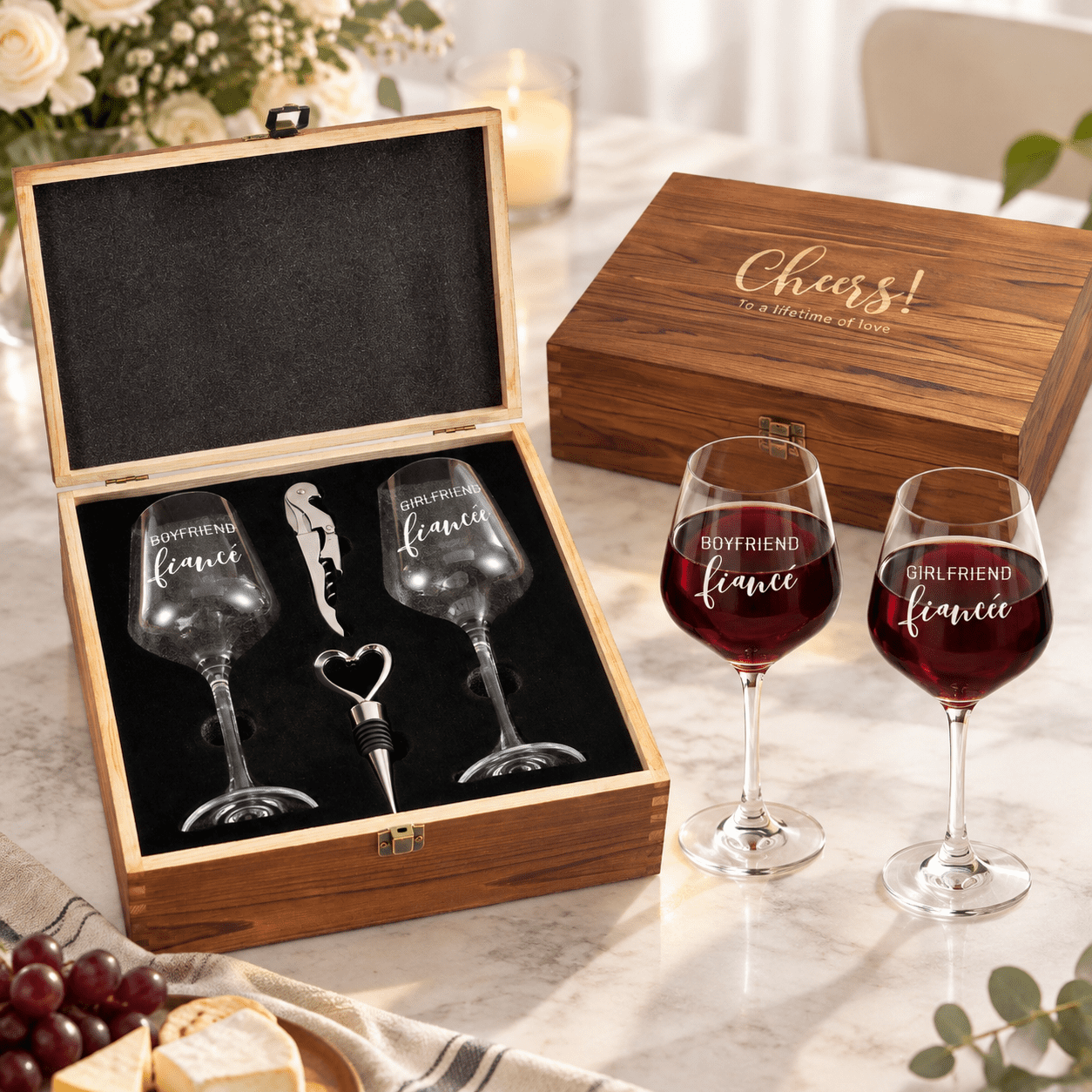 Wine Box Pack Fiance/Fiancee Wine Glasses Set with Opener, Stopper and Keepsake Box ...