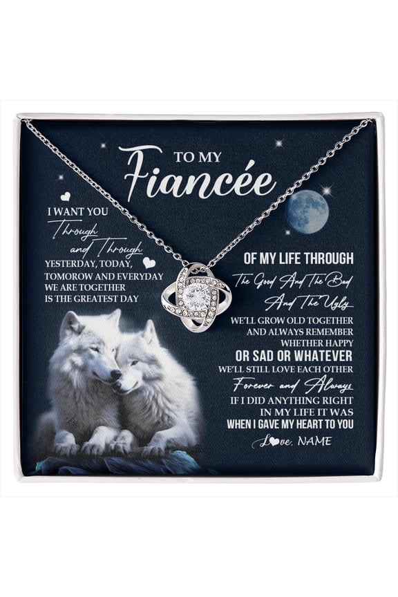 Fiancee I Want You Wolf Necklace, White Love Knot Necklace