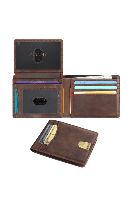 Wallet for Men, Slim Leather Rfid Blocking Mens Wallet with 2 ID Windows, Bifold Minimalist Credit Card Holder for 15 Cards