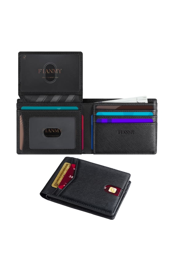 Wallet for Men, Slim Leather Rfid Blocking Mens Wallet with 2 ID Windows, Bifold Minimalist Credit Card Holder for 15 Cards