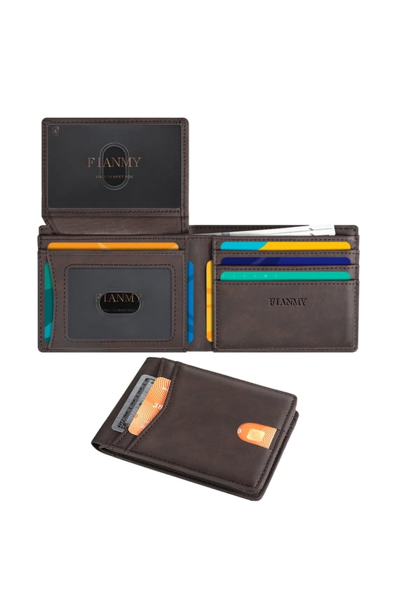 Wallet for Men, Slim Leather Rfid Blocking Mens Wallet with 2 ID Windows, Bifold Minimalist Credit Card Holder for 15 Cards