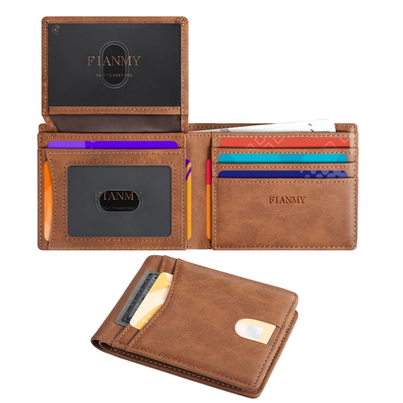 Fianmy Wallet for Men, Slim Leather Rfid Blocking Mens Wallet with 2 ID Windows, Bifold Minimalist Credit Card Holder for 15 Cards