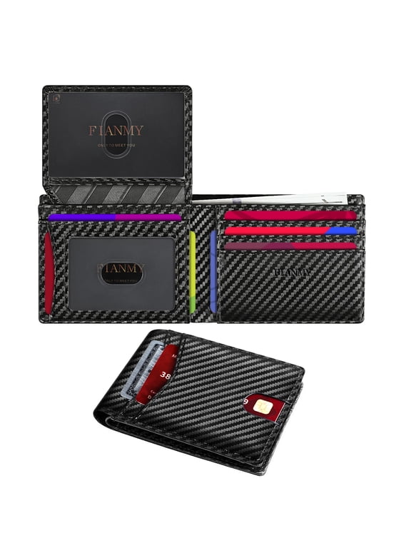 Wallet for Men, Slim Leather Rfid Blocking Mens Wallet with 2 ID Windows, Bifold Minimalist Credit Card Holder for 15 Cards
