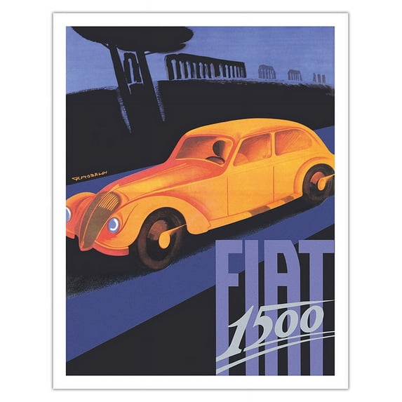 Fiat 1500 - The Appian Way (Ancient Rome Road) - Vintage Car Racing Poster by Giuseppe Riccobaldi c.1935 - Fine Art Matte Paper Print (Unframed) 11x14in