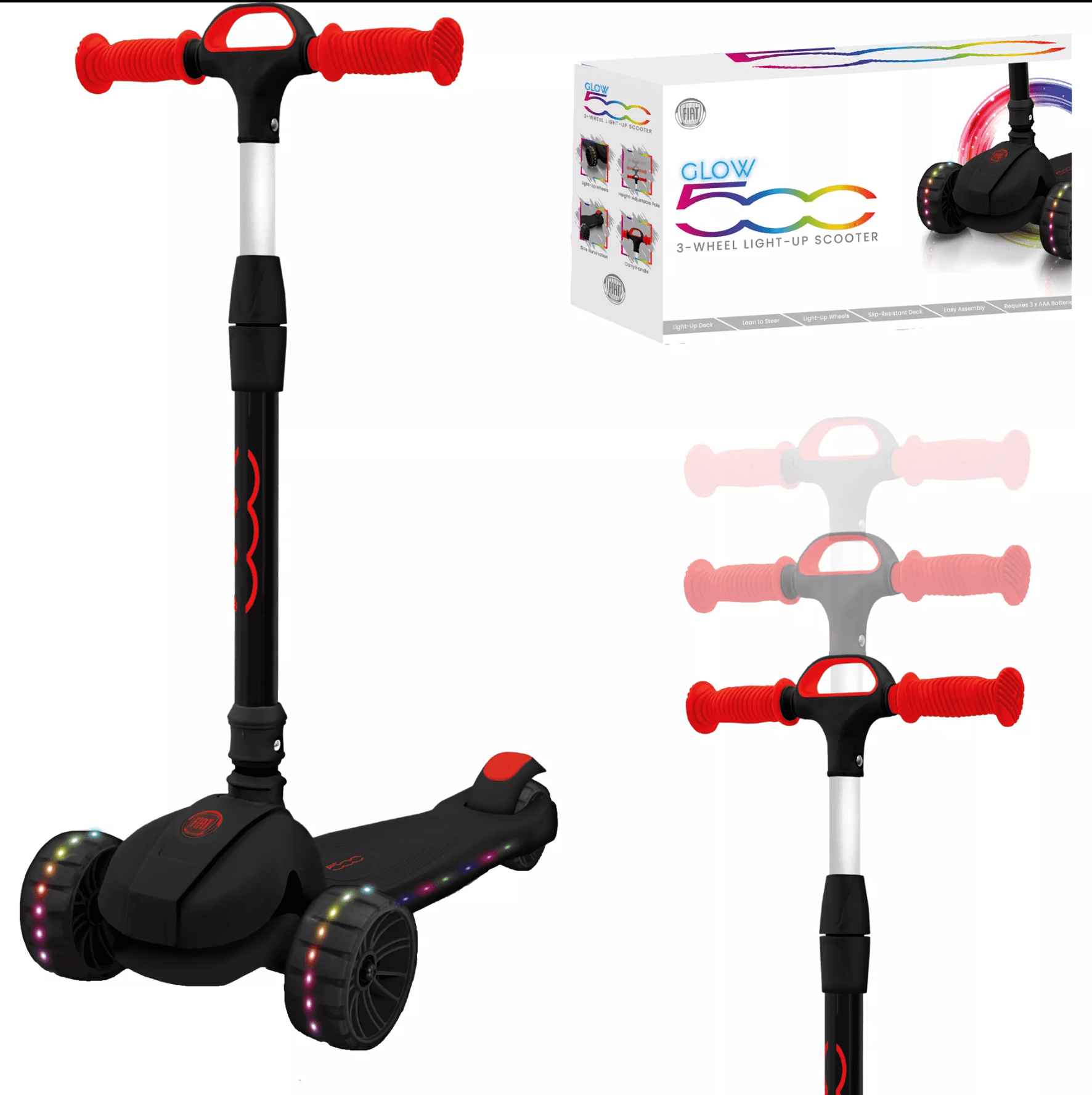 Fiat Youth Solid Kick Scooter Black and Red LED Lighted Wheels and