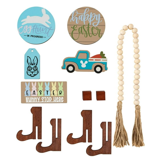 Fiaya Women 12Pcs Easter Tiered Tray Decor Set, Wooden Bunny Carrot Tiered Tray Sign, Exquisite Patterns Spring Ornaments for Home Kitchen Table Shelf Bar (A)