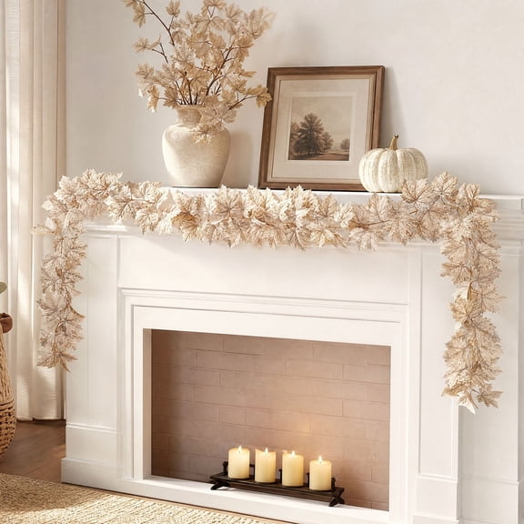 Fiaya Women 69 Inch White Artificial Maple Leaf Garland, Flexible Fall Autumn Vine Rattan, Thanksgiving Harvest Hanging Decor for Fireplace Mantel Wall Table Door