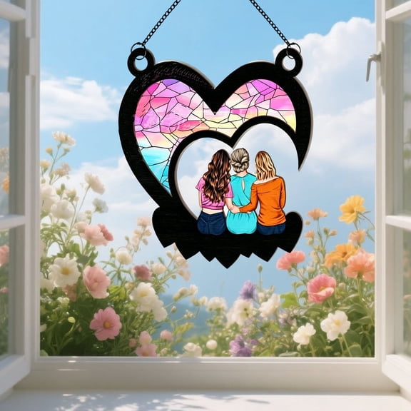 Fiaya Women Acrylic Suncatcher Ornament, Mom and Daughter Heart Shaped Hanging Pendant, Transparent Window Decor for Car Living Room