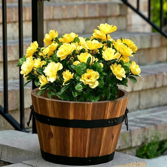 Fiaya Women Artificial Azalea Flowers Yellow UV Resistant Faux Shrubs Plants Fake Flowers for Porch Garden Wedding Decor 13.8in