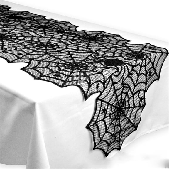 Fiaya Women Black Lace Spider Web Tablecloth, Halloween Horror Spiderweb Table Covers, Fireplace Mantel Table Runner, Versatile Halloween Decoration Prop, Halloween Spooky Party Supplies Decor