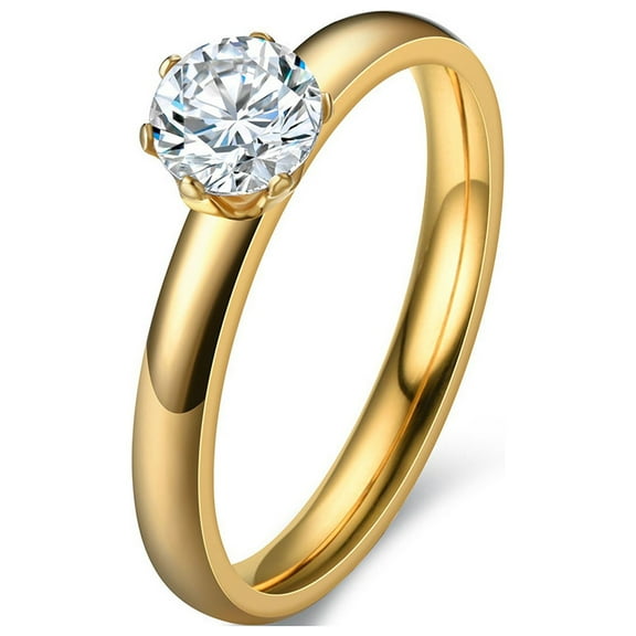Fiaya Women Bling Cubic Zirconia Band, 1pc Stainless Steel Diamonds Inlaid Ring, Dainty Fashion Jewelry for Women Holiday Party Gift (Gold-6)