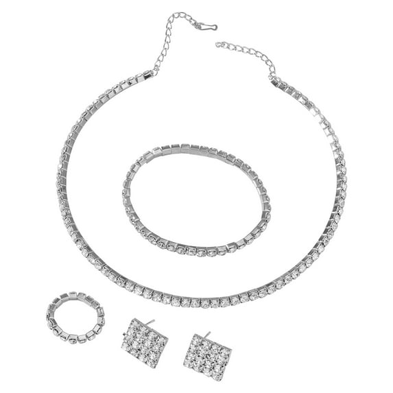 Fiaya Women Crystal Rhinestone Jewelry Set, Necklace Bracelet Ring Earrings Set of 5, Jewelry Accessories for Women Anniversary Wedding Party Gift (Silver-1Rows)