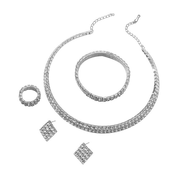 Fiaya Women Crystal Rhinestone Jewelry Set, Necklace Bracelet Ring Earrings Set of 5, Jewelry Accessories for Women Anniversary Wedding Party Gift (Silver-2Rows)