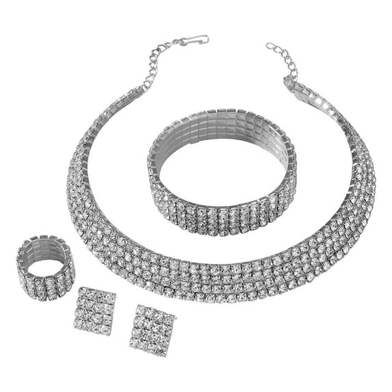 Fiaya Women Crystal Rhinestone Jewelry Set, Necklace Bracelet Ring Earrings Set of 5, Jewelry Accessories for Women Anniversary Wedding Party Gift (Silver-4Rows)