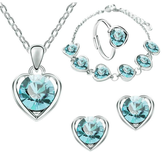 Fiaya Women Crystal Zircon Heart-Shaped Jewelry Set, Simple Elegant Necklace Earrings Ring Bracelet Set of 5, Jewelry Accessories for Women Gift (Silver-Ocean Blue)