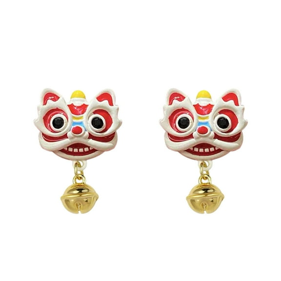 Fiaya Women Cute Lion Bell Stud Earrings for Women, Colorful Cartoon Lion Animal Head Small Studs, Earring Lucky Chinese Festival New Year Holiday Jewelry (C)