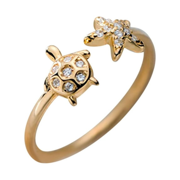Fiaya Women Cute Turtle Starfish Asymmetric Small Open Rings, 1pc Women Dainty Animals Adjustable Knuckle Rings, Thin Tiny Finger Rings for Daughter Bff Birthday (Gold)