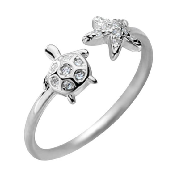 Fiaya Women Cute Turtle Starfish Asymmetric Small Open Rings, 1pc Women Dainty Animals Adjustable Knuckle Rings, Thin Tiny Finger Rings for Daughter Bff Birthday (Silver)