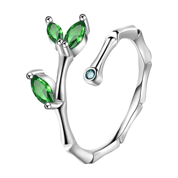 Fiaya Women Diamond Leaves Adjustable Ring, 1 pc Green Crystal Leaves Statement Open Band Finger Rings, Dainty Jewelry for Women Birthday Holiday Gift
