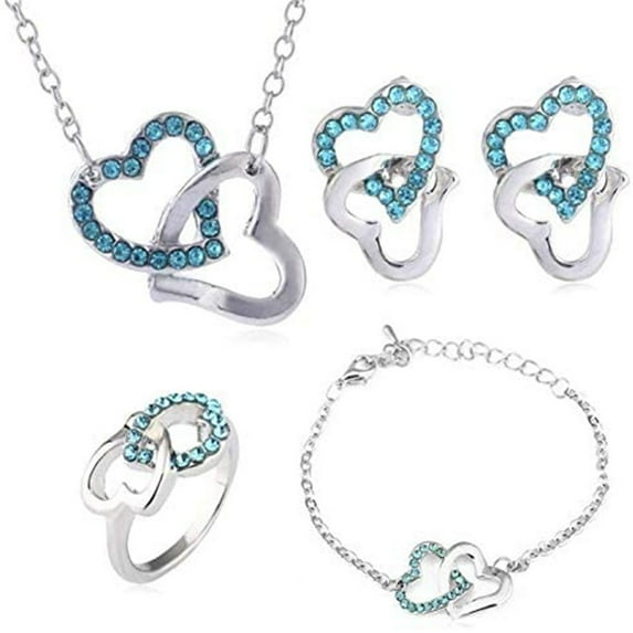 Fiaya Women Double Heart Rhinestone Jewelry Set of 5, Necklace Bracelet Ring Earrings Set, Jewelry Accessories for Women Anniversary Gift (A)