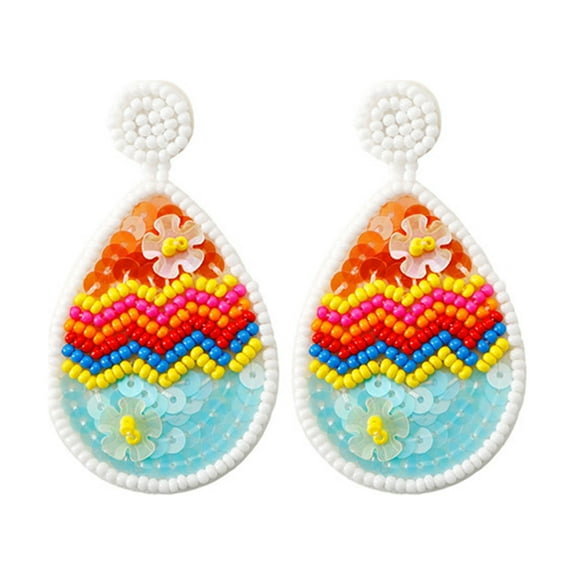 Fiaya Women Easter Egg Earrings, Cute Rabbit Drop Studs, Hand-Woven Ins Sequin Rice Bead Earrings, Easter Gifts for Women (A)