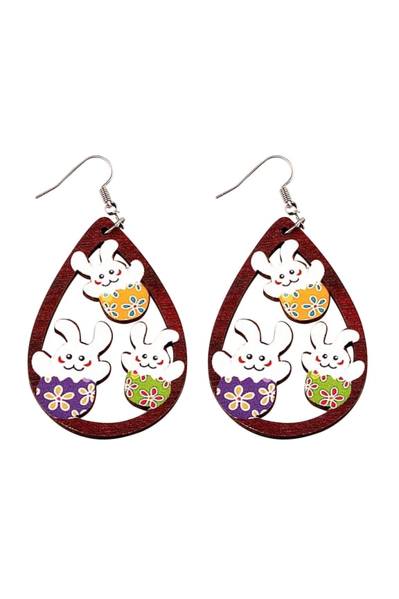 Easter Water Drops Earrings, Easter Rabbit Earrings, Fashion Personalized Wood Print Earrings, Bunny Easter Drop Earrings for Women (A)