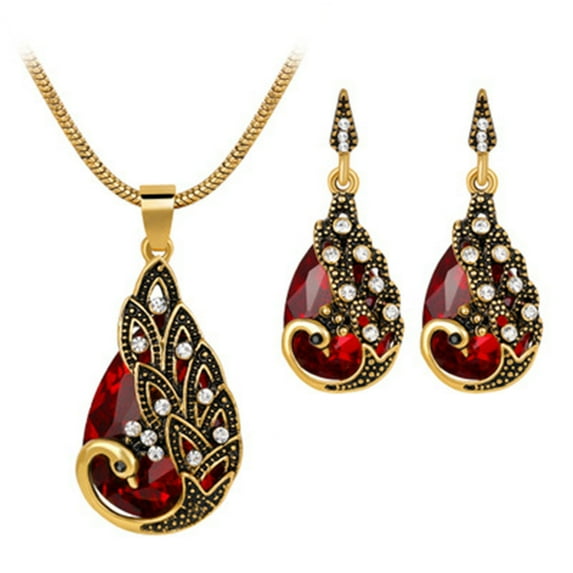 Fiaya Women Elegant Peacock Rhinestone Jewelry Set, Crystal Peacock Pendant Necklace Earrings Set of 3, Jewelry Accessories for Women Gift (Red)