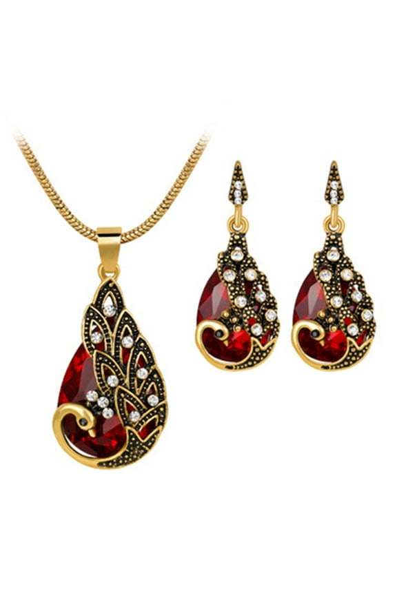 Elegant Peacock Rhinestone Jewelry Set, Crystal Peacock Pendant Necklace Earrings Set of 3, Jewelry Accessories for Women Gift (Red)