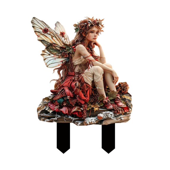 Fiaya Women Fairy Flower Pot Decoration, 2D Acrylic Red Wine Flower Fairy Figurines, 1Pc Forest Elf Planter Pot Decor for Spring Home Garden Ground Accessories, 11.81×8.7 inch (K)