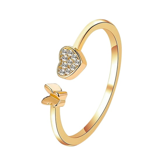 Fiaya Women Fashion Butterfly Heart Open Ring, 1pc Adjustable Sweet Rhinestone Rings, Daily Jewelry Accessories for Women Holiday Party Gift (Gold)