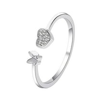 Fiaya Women Fashion Butterfly Heart Open Ring, 1pc Adjustable Sweet Rhinestone Rings, Daily Jewelry Accessories for Women Holiday Party Gift (Silver)