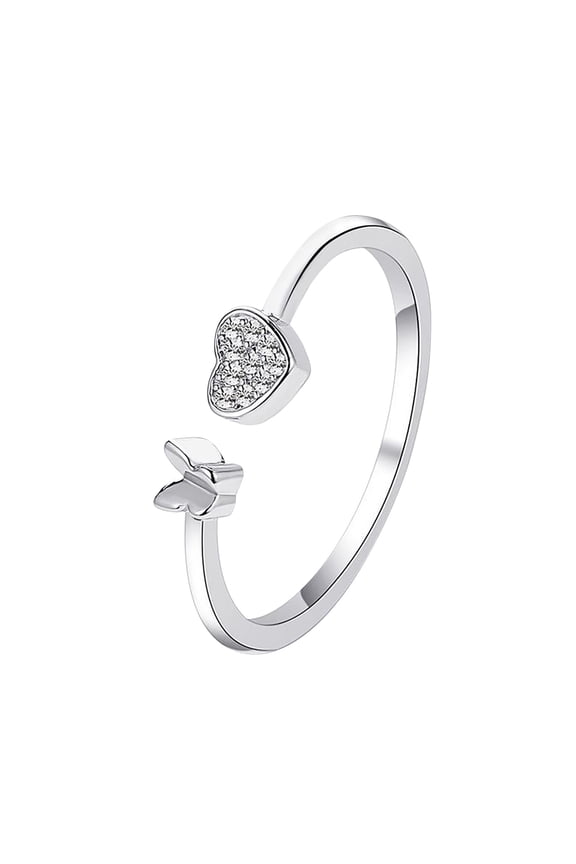 Fashion Butterfly Heart Open Ring, 1pc Adjustable Sweet Rhinestone Rings, Daily Jewelry Accessories for Women Holiday Party Gift (Silver)