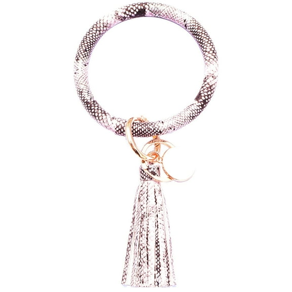 Fiaya Women Fashion Trend Large Leather Bracelet Tassel Round Keychain Ring Jewelry Wristban (B)