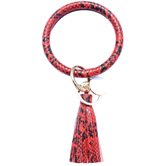 Fiaya Women Fashion Trend Large Leather Bracelet Tassel Round Keychain Ring Jewelry Wristban (E)