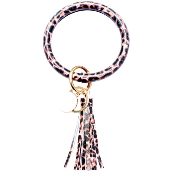 Fiaya Women Fashion Trend Large Leather Bracelet Tassel Round Keychain Ring Jewelry Wristban (I)