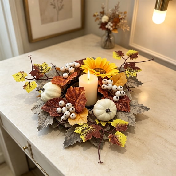 Fiaya Women Faux Floral Candle Ring, 11.8in Thanksgiving Wreath for Candle Holder, Fall Berry & Leaf Table Centerpiece Decor