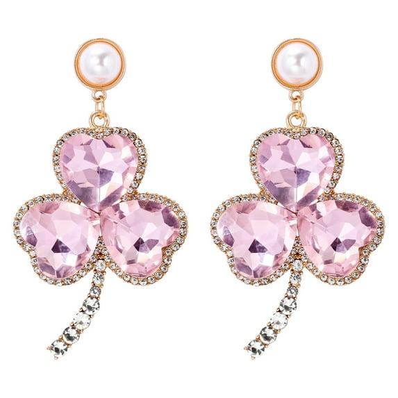 Fiaya Women Glitter Statement Shamrock Earrings, Vintage Fancy Cluster Crystal Drop Dangle Earrings, Fashion Jewelry Gift for Women (Pink)