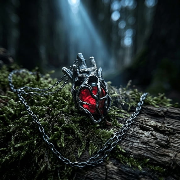 Fiaya Women Gothic Heart Pendant Necklace Anatomical Cage Chain Dark Romance Jewelry for Halloween Party Statement Choker Red