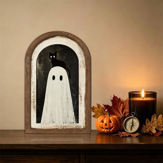 Fiaya Women Halloween Ghost Wooden Double-Layer Decorative Sign Arch Door Frame for Tabletop Wall Hanging Vintage Rustic Ornament Style B