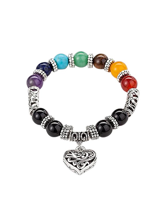 Healing Balance Stone Beaded Bracelet, 1Pc 10mm 7 Chakra Religion Natural Stone Bracelet, Yoga Reiki Charm Heart Bracelets for Women Men (A)