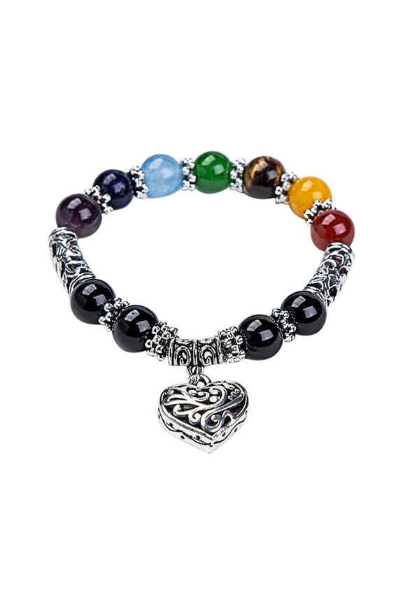 Healing Balance Stone Beaded Bracelet, 1Pc 10mm 7 Chakra Religion Natural Stone Bracelet, Yoga Reiki Charm Heart Bracelets for Women Men (C)