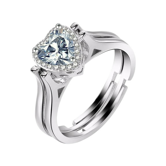 Fiaya Women Heart Diamond Reversible Ring, 1Pc 2 in 1 Silver Love Diamond Ring, Dainty Heart Adjustable Band for Women Birthday Wedding Engagement Anniversary