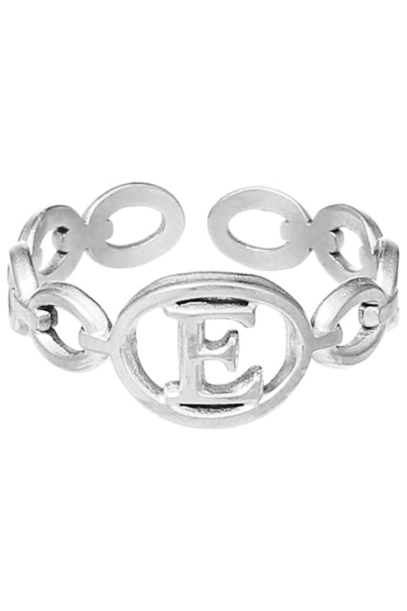 Heart Initial Round Ring, 1pc Open Adjustable Dainty Cute Letter Rings, Valentine Anniversary Birthday Jewelry Gifts for Women (E)