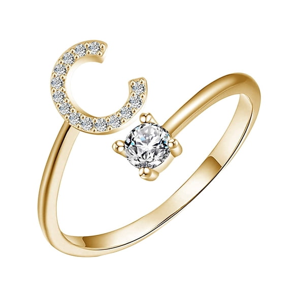 Fiaya Women Initial Letter Ring, 1pc Gold Stackable Alphabet Rings, Adjustable Cubic-Zirconia Inlaid Initial Rings for Women Holiday Party Gift (C)